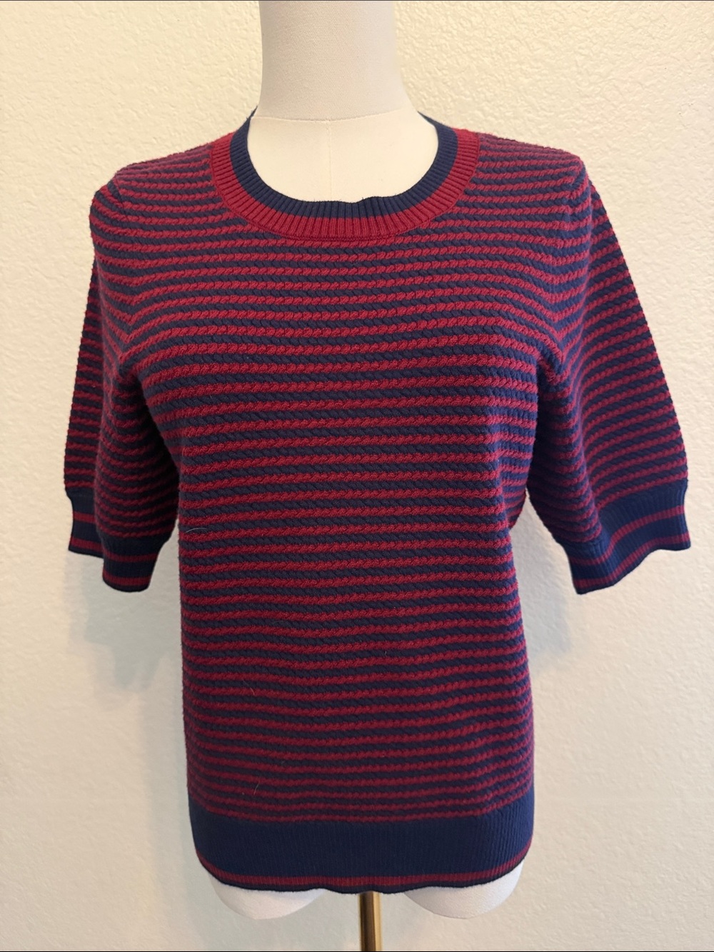 Evereve Navy and Burgandy Striped Crewneck Sweater